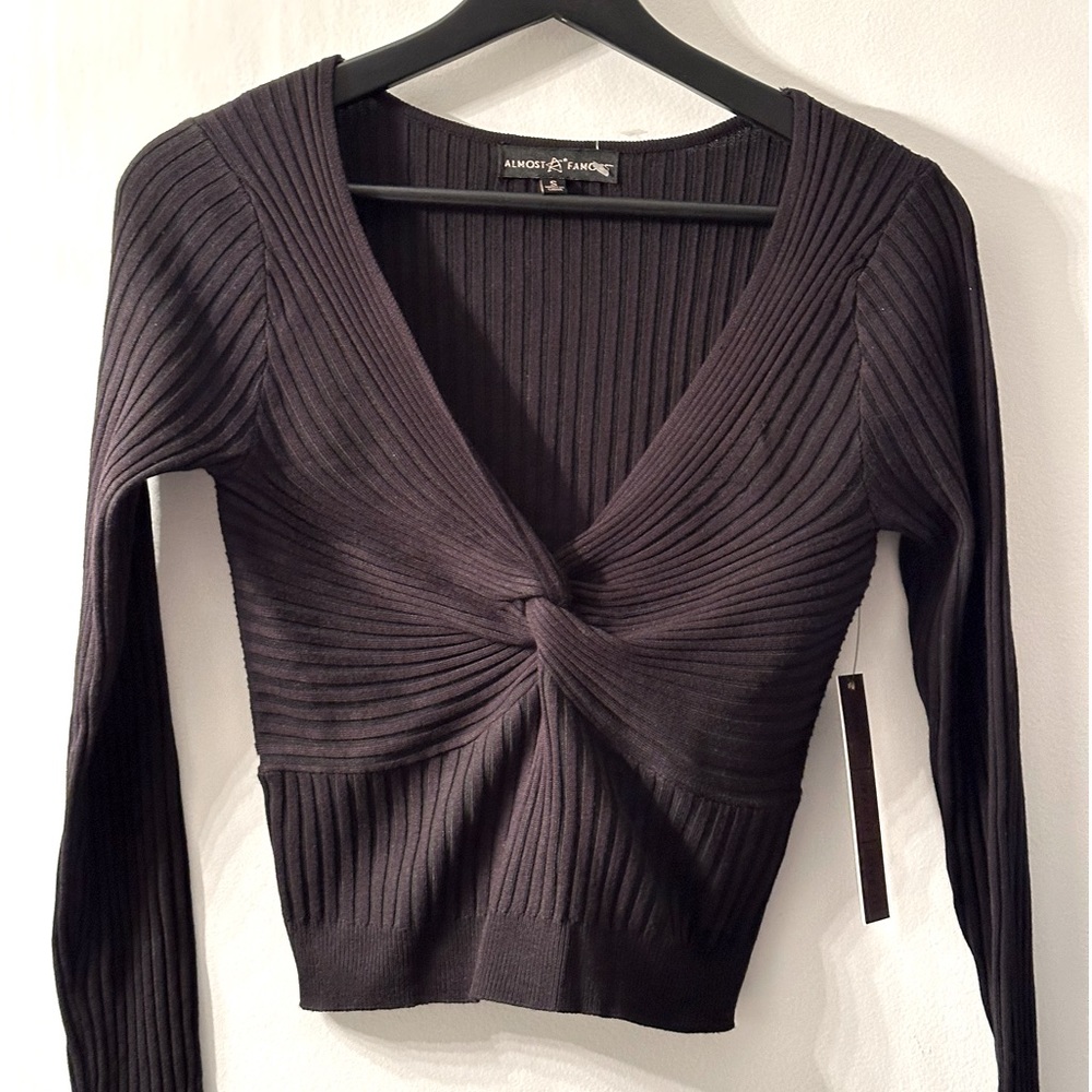Women's Cross Wrap Crop top, Lightweight V-Neck Sweater Ribbed Long Sleeve, S/M